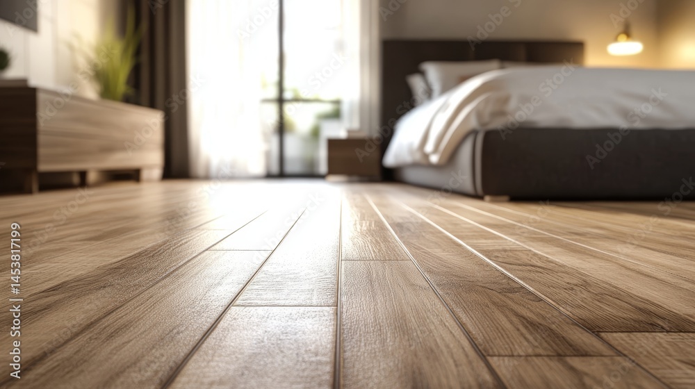 Sleek, reflective hardwood planks in contemporary bedroom setting