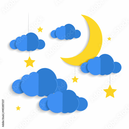 Dreamy night scene with crescent moon, blue paper clouds and hanging stars ideal for children's room decor and bedtime stories illustration