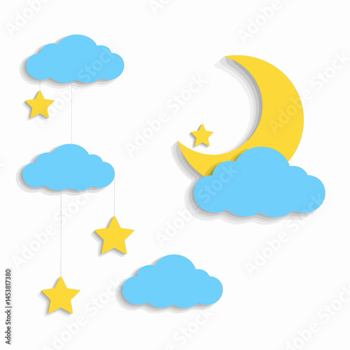 Dreamy nursery decor featuring blue clouds, yellow crescent moon and stars creates a serene and whimsical atmosphere perfect for baby room decoration