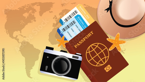  passport and tickets for vacations on the world map background. vector, illustration