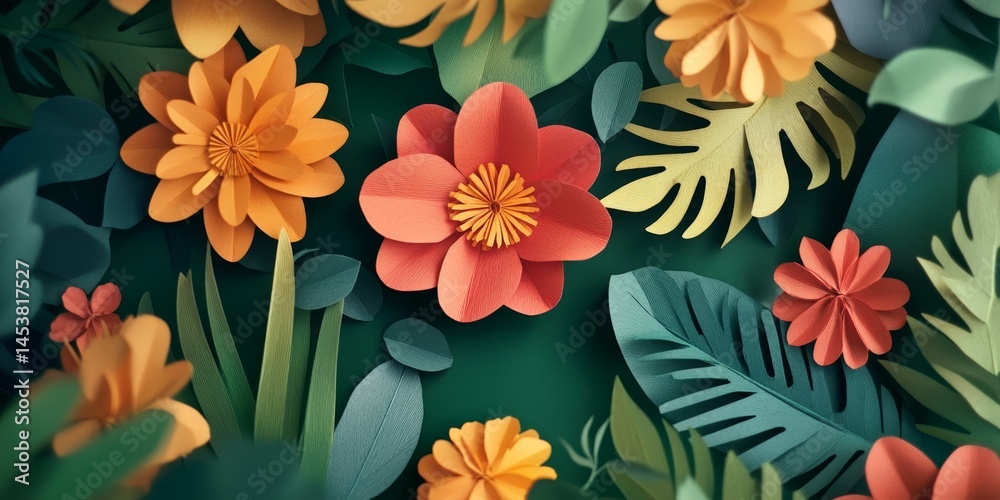 Colorful flower illustration on tropical leaves background, suitable for botanical garden theme.