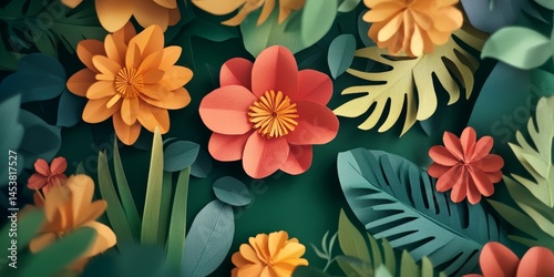 Obraz na płótnie Colorful flower illustration on tropical leaves background, suitable for botanical garden theme. w salonie