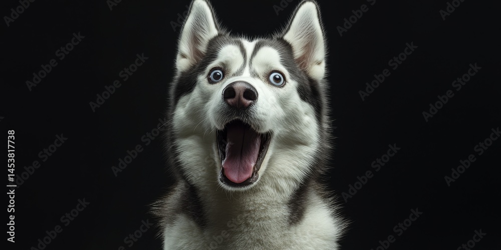 Surprised looking dog with mouth open and eyes wide, against a black background. This image could be used for pet ownership, animal training, or as part of an audio collection.