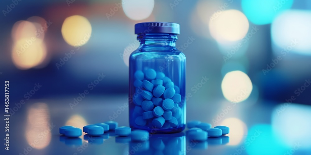 A blue bottle of pills sits on a table with a blue background. The pills are scattered around the bottle, creating a sense of disorder and chaos. The image conveys a feeling of unease and discomfort