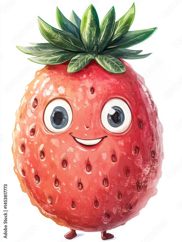 Cute and friendly fruit character with red body and green leaves.