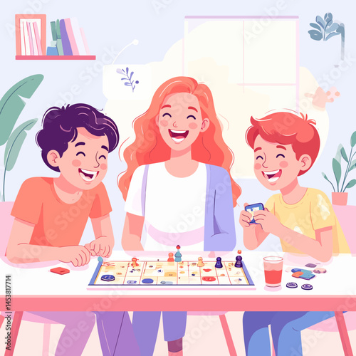 Family fun time mother playing board game with children at home enjoying laughing together