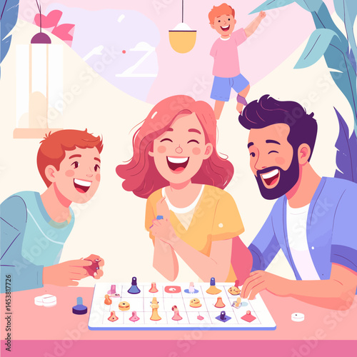 Family joyfully playing board game together at home creating happy memories and bonding in a playful environment filled with laughter and love