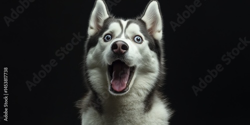 Obraz na płótnie Surprised looking dog with mouth open and eyes wide, against a black background. This image could be used for pet ownership, animal training, or as part of an audio collection. w salonie