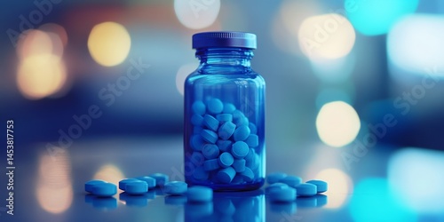 Obraz na płótnie A blue bottle of pills sits on a table with a blue background. The pills are scattered around the bottle, creating a sense of disorder and chaos. The image conveys a feeling of unease and discomfort w salonie