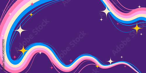 Dreamy Cartoon Squiggle Wavy Lines and Sparkling Stars on Purple Background. Retro cosmic swirls with vibrant movement. Perfect for futuristic prints, party and space themes