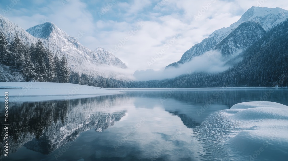 A serene mountain lake with snow-covered mountains in the background. The lake reflects the surrounding scenery and is surrounded by a forest.