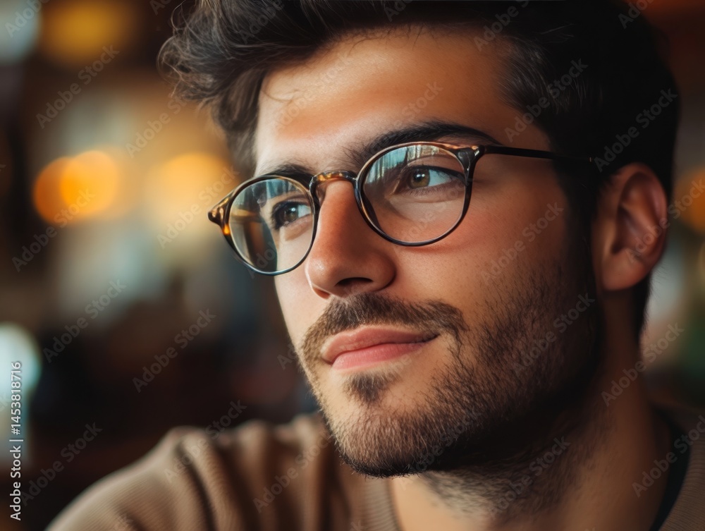 Thoughtful young man with glasses looking off to the side. He is seated in a blurred restaurant setting, wearing casual clothes and displaying a contemplative demeanor.