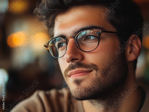Obraz na płótnie Thoughtful young man with glasses looking off to the side. He is seated in a blurred restaurant setting, wearing casual clothes and displaying a contemplative demeanor. w salonie