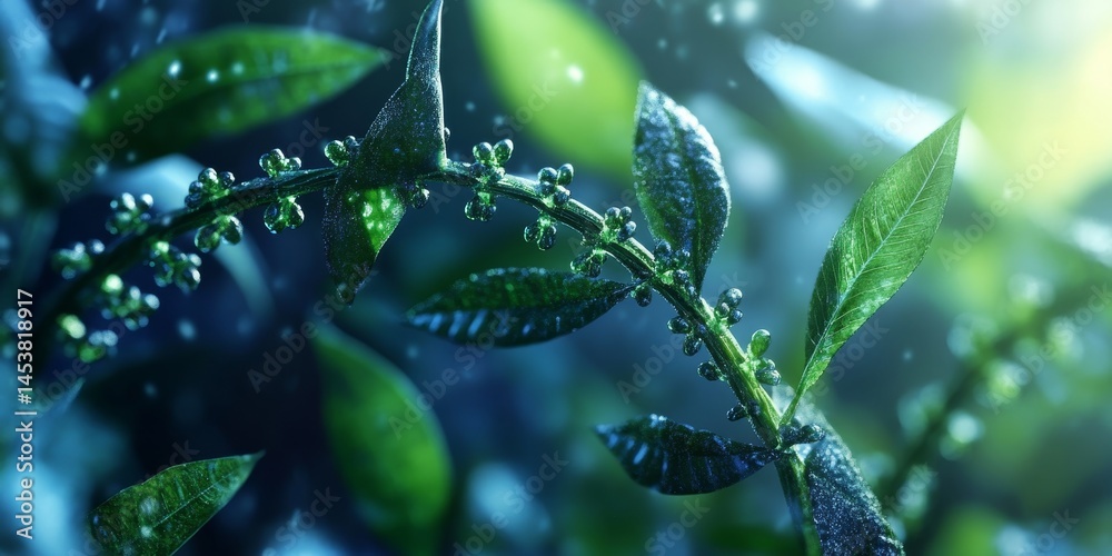 This is a stock image featuring a close-up of greenery with water droplets, ideal for use in nature-themed content.