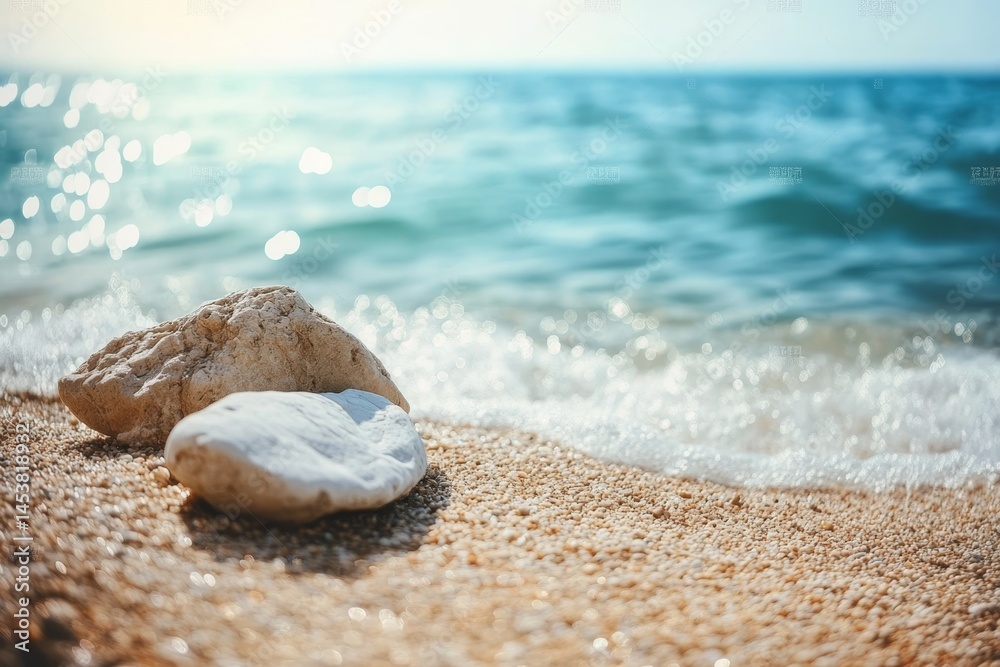 A beach scene with a rock on the sand, ocean waves gently lapping against the shore.