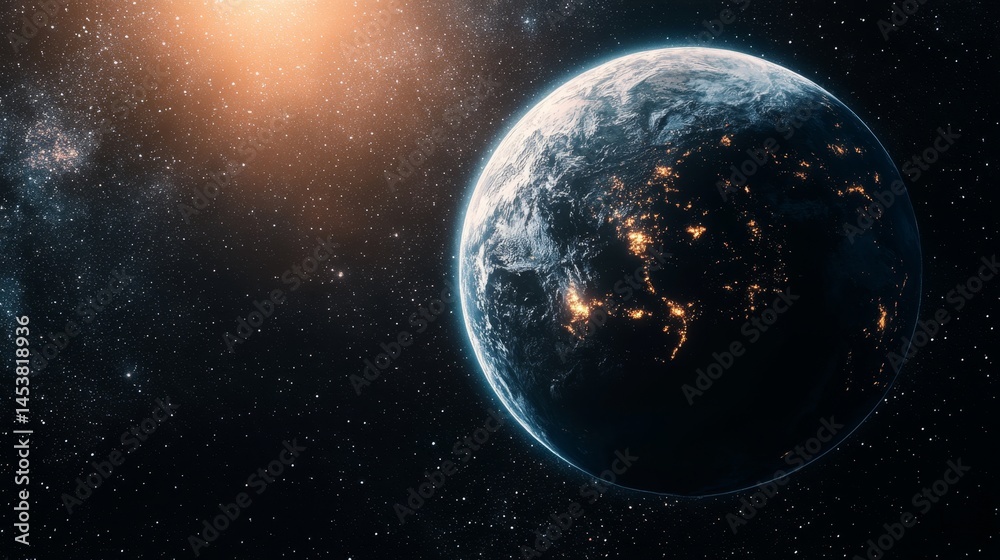 Planet's atmosphere with pollution, spacecraft, and stars in the background