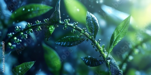 This is a stock image featuring a close-up of greenery with water droplets, ideal for use in nature-themed content.