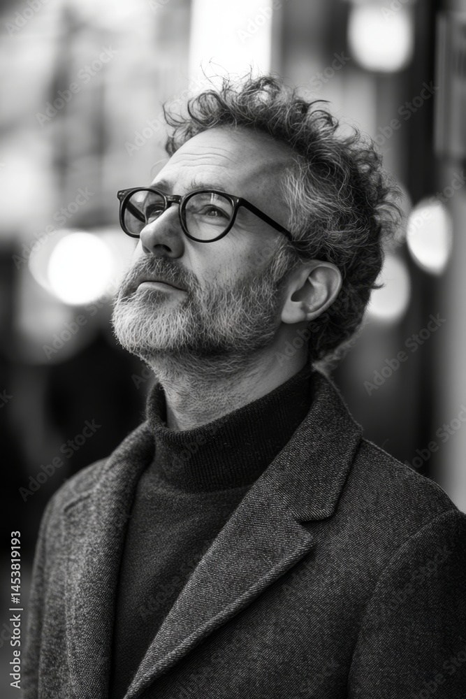 This image features a stylishly dressed man with a beard, reflecting on the bustle of urban life. He is wearing glasses and a dark jacket, standing under a street light amidst the city lights.
