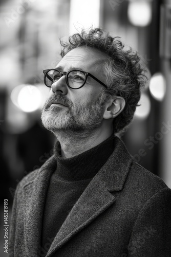 Obraz na płótnie This image features a stylishly dressed man with a beard, reflecting on the bustle of urban life. He is wearing glasses and a dark jacket, standing under a street light amidst the city lights. w salonie