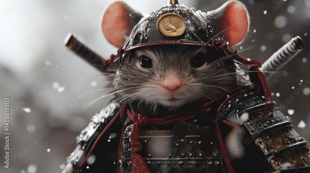 Cartoon mouse wearing samurai armor holding a sword, standing ready for battle.