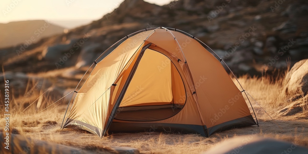 A small yellow tent is set up on a rocky hillside. The tent is open and the sun is shining on it. The scene is peaceful and serene, with the tent providing a sense of shelter