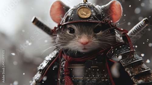 Obraz na płótnie Cartoon mouse wearing samurai armor holding a sword, standing ready for battle. w salonie