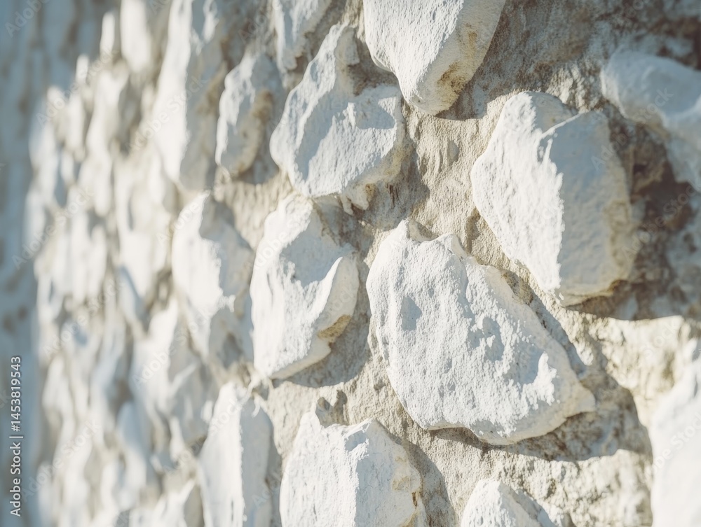 This image features a textured stone wall, possibly made of limestone or marble, with sunlight casting shadows and highlights.