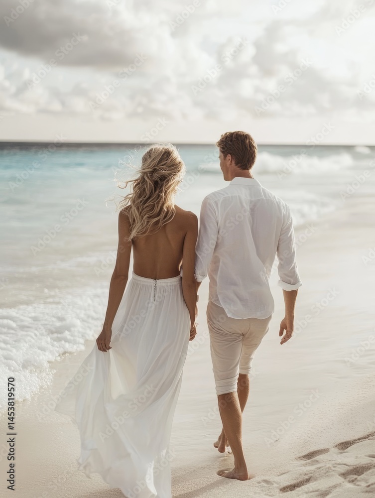 Couple walking down beach during sunset, sharing a romantic moment in wedding attire.