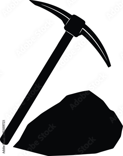 pickaxe stuck in rock on white background  