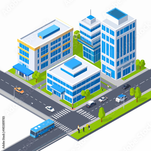 Isometric city illustration with buildings, roads, cars, bus, and pedestrians creates a dynamic urban scene ideal for visualization and graphics