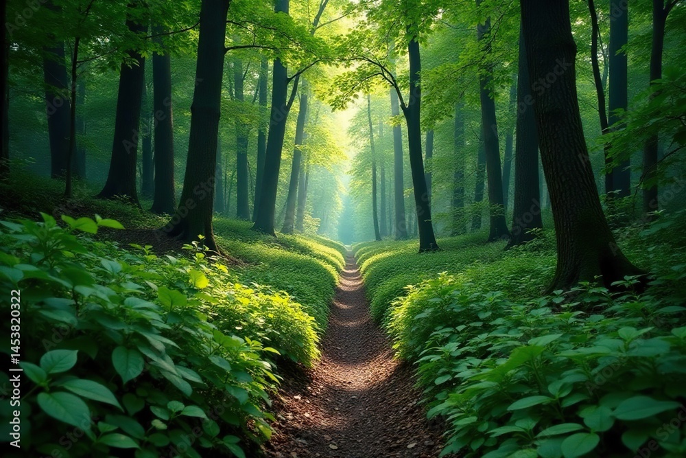 Obraz premium Narrow, overgrown path disappearing into deep woods, natural, mysterious, jungle