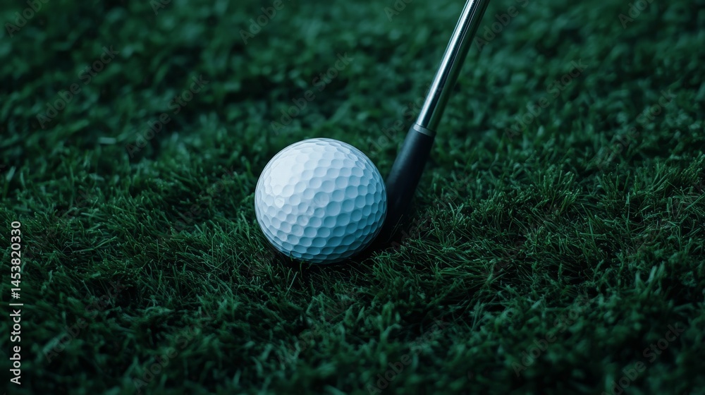 Golf ball and club on grassy surface, ready for a game.