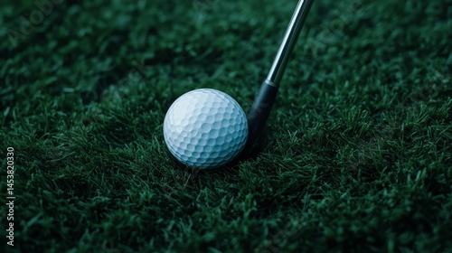 Obraz na płótnie Golf ball and club on grassy surface, ready for a game. w salonie