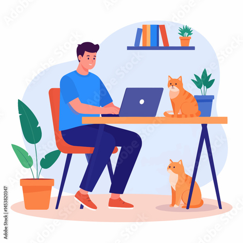 Man working from home on laptop with cats and plants creating cozy atmosphere