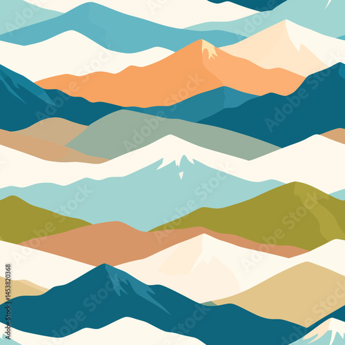 Minimalist mountain range illustration with pastel color palette creates a serene and peaceful landscape painting for backgrounds and graphic design
