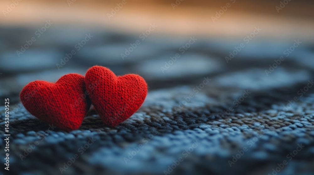 Two red hearts are placed on a blue and gray carpet. Concept of warmth and love, as the hearts are made of wool and are positioned close to each other