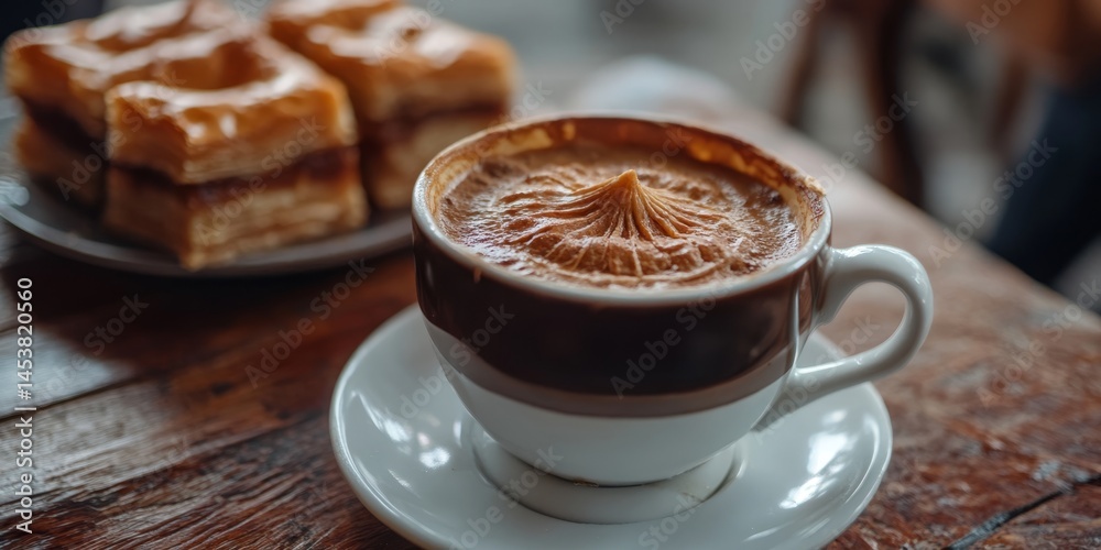 Cup of coffee and pastry on a table.