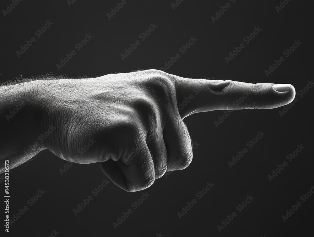 Monochrome stock image of a hand with the index finger extended, pointing to the right against a black background.