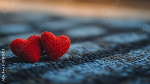Obraz na płótnie Two red hearts are placed on a blue and gray carpet. Concept of warmth and love, as the hearts are made of wool and are positioned close to each other w salonie