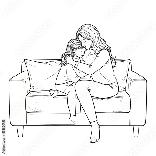 Mother comforting daughter on couch a heartwarming line art illustration for coloring book pages and family concept designs