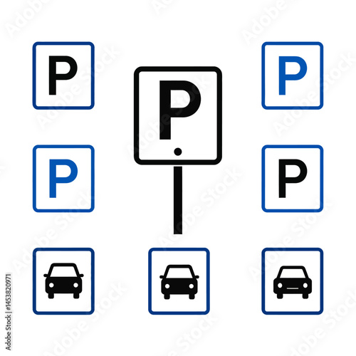 Parking signs and car icons arranged in a grid pattern representing parking availability and directions