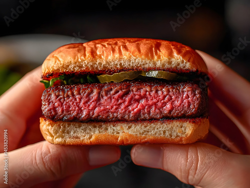 A close-up view of a freshly grilled, rare beef burger held with both hands, showcasing a pink, juicy center.