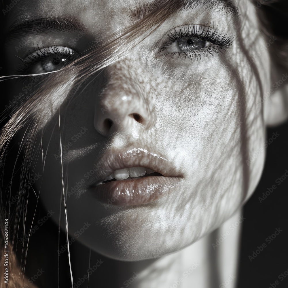 Beautiful portrait of a young woman with freckles, looking off to the side. Her long hair is blown by the wind, creating a soft and ethereal atmosphere.