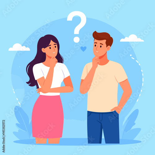 Puzzled couple contemplating future plans with question mark in blue background