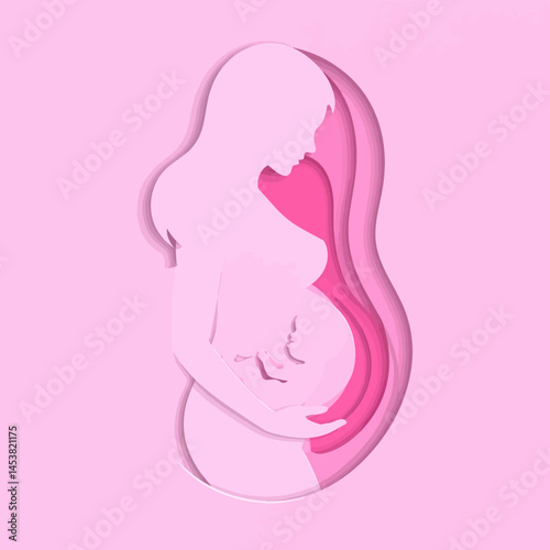 Pregnant Woman Silhouette with Baby Inside Paper Cutout Illustration in Pink Tones
