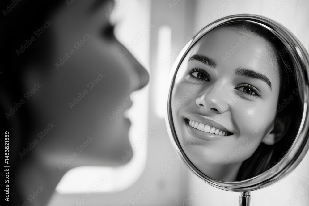 Close-up of smiling woman's face in a makeup mirror reflection, showcasing her features and personal grooming.