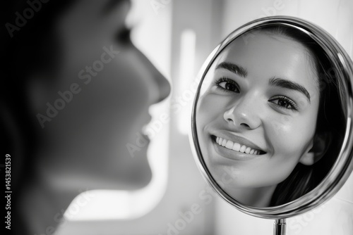 Obraz na płótnie Close-up of smiling woman's face in a makeup mirror reflection, showcasing her features and personal grooming. w salonie