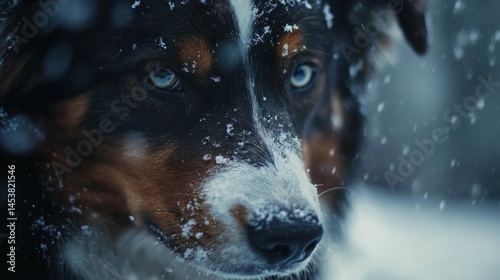 Obraz na płótnie Brown and white dog looking out a window during snowfall. w salonie