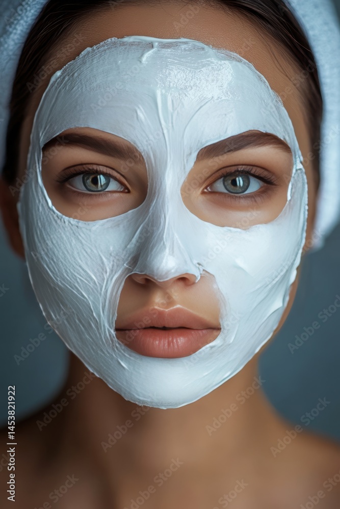 Close-up of a woman wearing a facial mask, looking upwards with a serene expression.