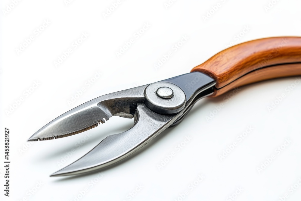 A pair of pliers with a wooden handle. The pliers are silver and have a black tip